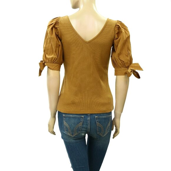 Maeve Anthropologie Puff-Sleeved Blouse Top Ribbed Tie Cuff Gold S NWT 283434 - Picture 5 of 7